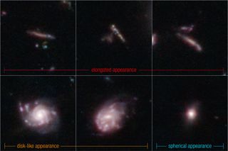 six images showing various shapes of bright blobs in space