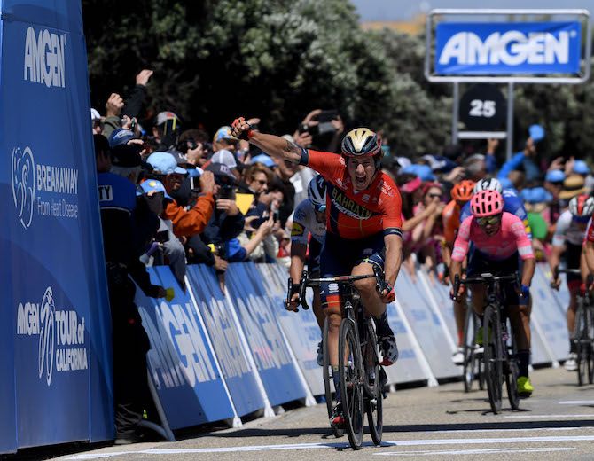 Ivan Garcia Cortina (Bahrain-Merida) punches the air having won stage 5 of the 2019 Tour of California