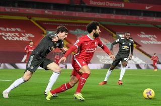 Mohamed Salah challenged by Victor Lindelöf