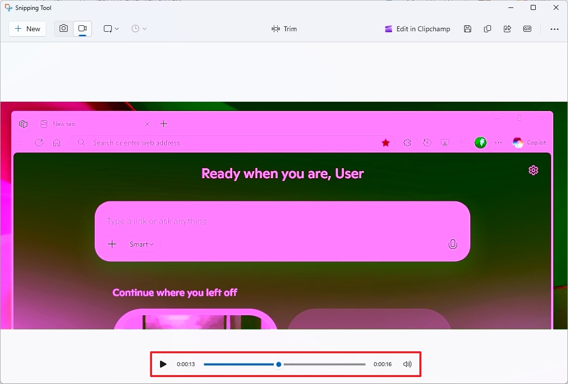 Snipping Tool screen recorder controls