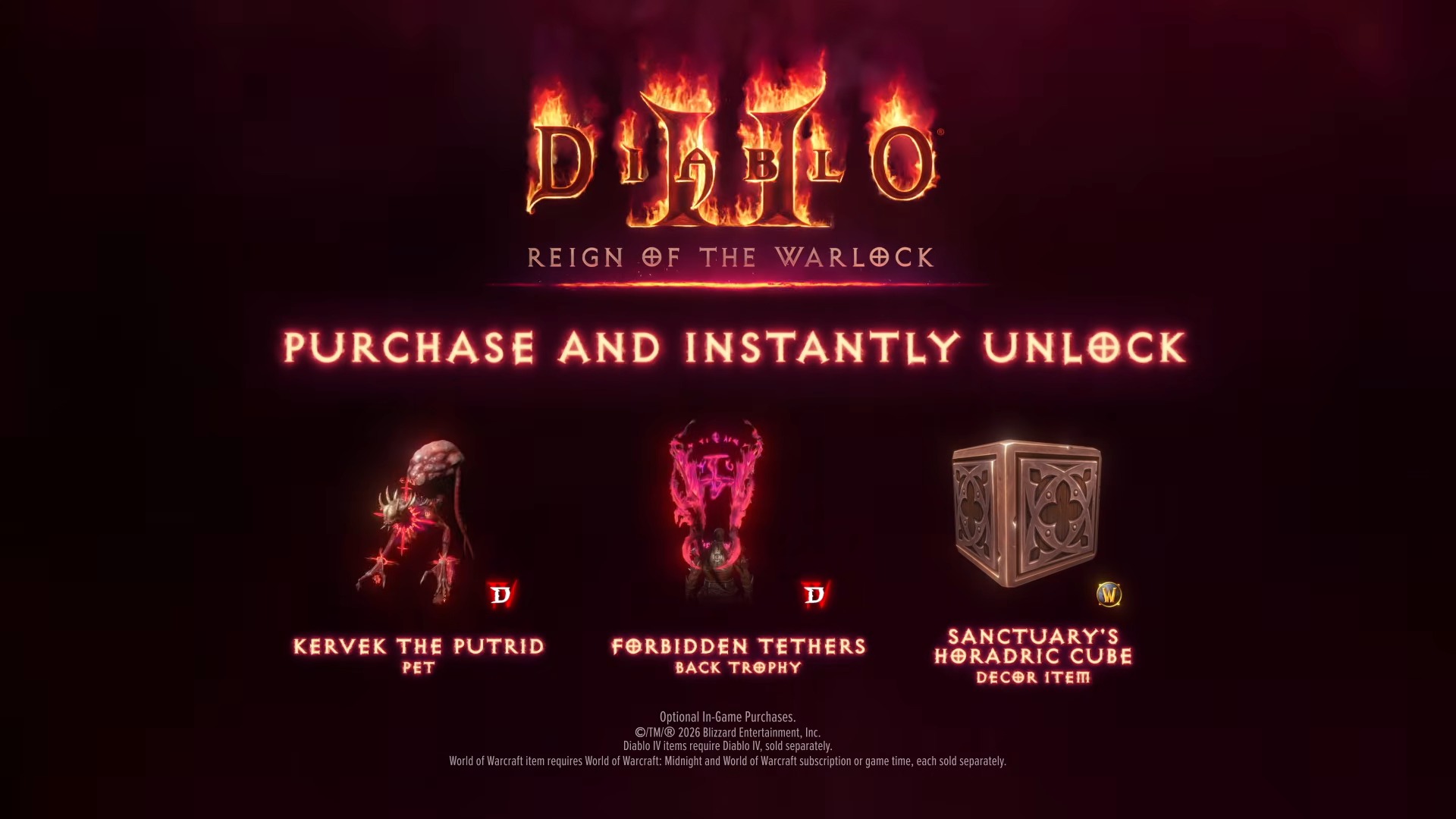 Promotional image for Diablo 2 cross-promotional rewards for Diablo 4 and World of Warcraft