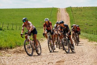 The women's peloton at Unbound Gravel in 2024