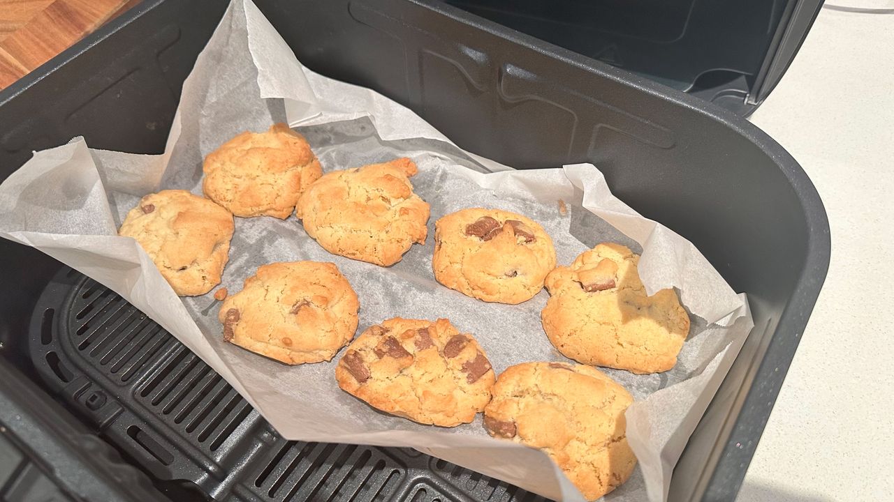 Cookie dough before and after being baked in the Instant Vortex VersaZone Air Fryer