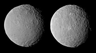 Mysterious bright spots are visible in these images of the dwarf planet Ceres, taken by NASA's Dawn spacecraft on Feb. 19, 2015 from a distance of about 29,000 miles (46,000 kilometers). Dawn observed Ceres for one full rotation, about nine hours.
