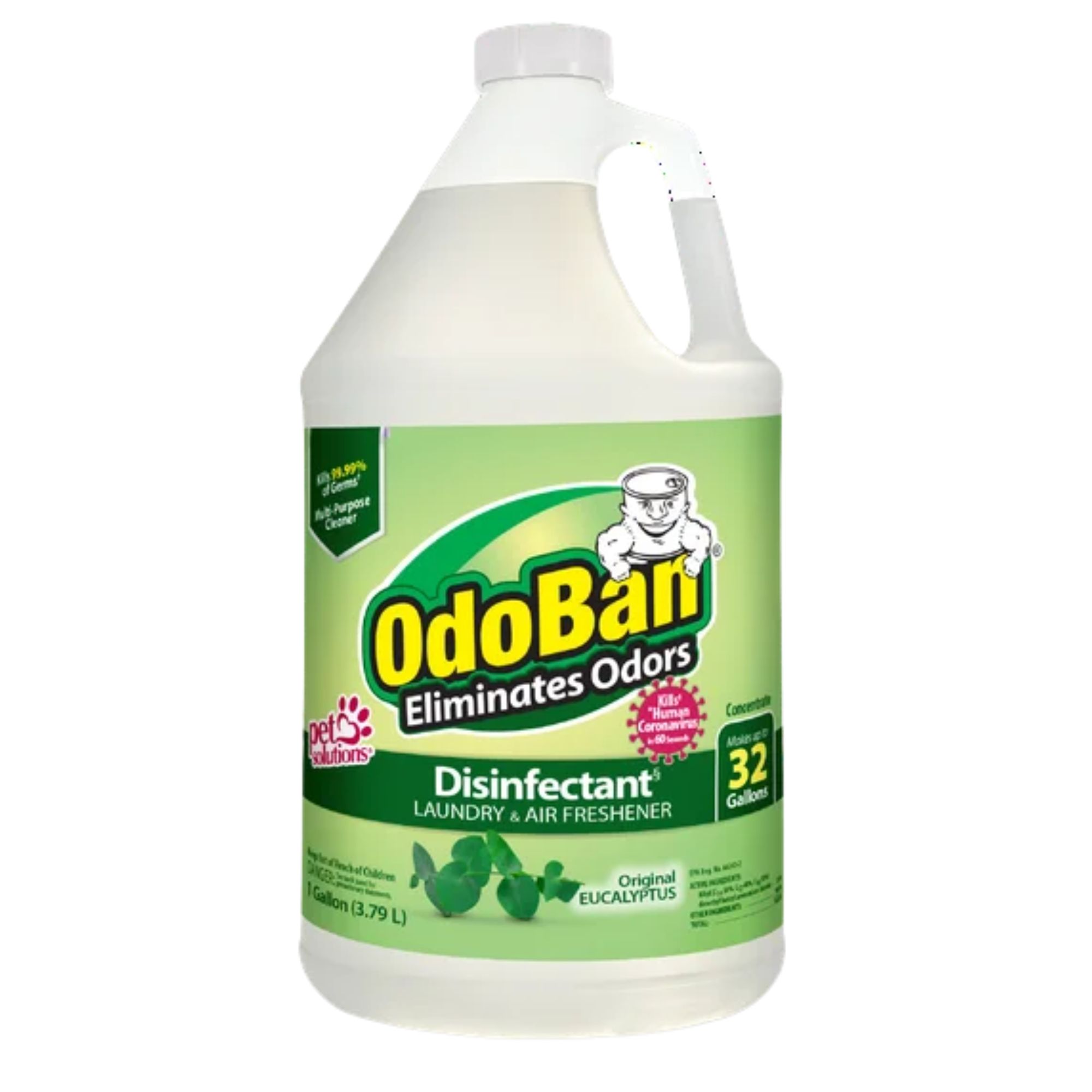 A clear bottle of OdoBan with a green label
