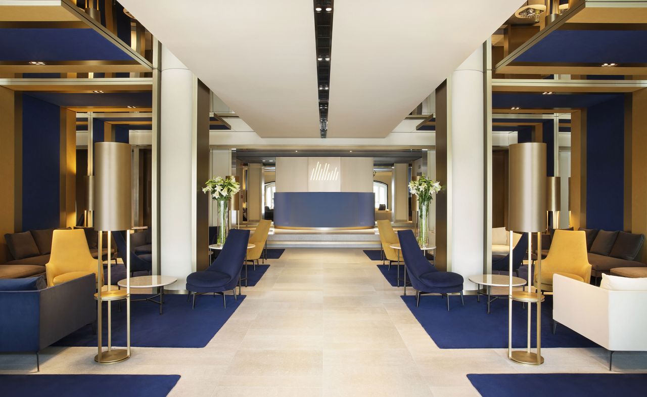 Falisia lobby with navy, white and gold interior