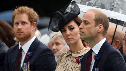 thiepval, france july 1 l r prince harry, catherine, duchess of cambridge and prince william, duke of cambridge during the commemoration of the centenary of the battle of the somme at the commonwealth war graves commission thiepval memorial on july 1, 2016 in thiepval, france the event is part of the commemoration of the centenary of the battle of the somme at the commonwealth war graves commission thiepval memorial in thiepval, france, where 70,000 british and commonwealth soldiers with no known grave are commemorated photo by steve parsons poolgetty images