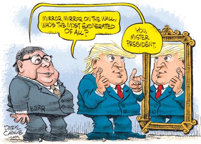 Political Cartoon U.S. Trump Barr Mueller report exoneration