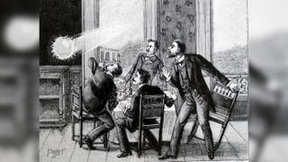 In this illustration, men are enthralled by ball lightning, observed at the Hotel Georges du Loup, near Nice. To this day, ball lightning remains mysterious.