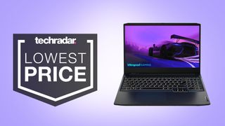 Lenovo IdeaPad gaming 3 laptop on light purple background with lowest price text overlay