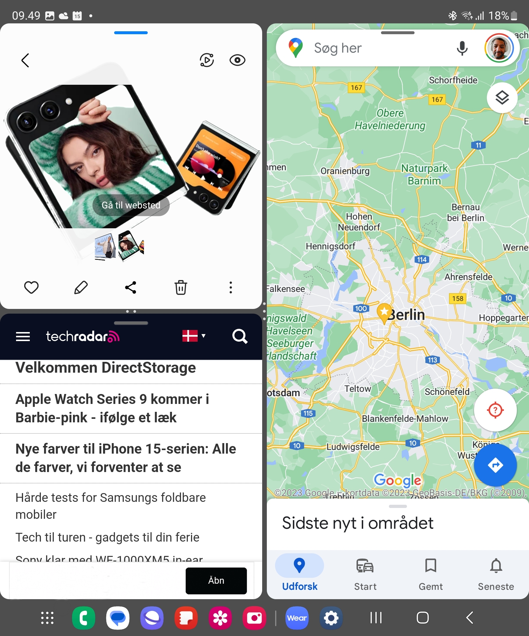 Galaxy Z Fold 5 med tre apps åbne på samme skærm