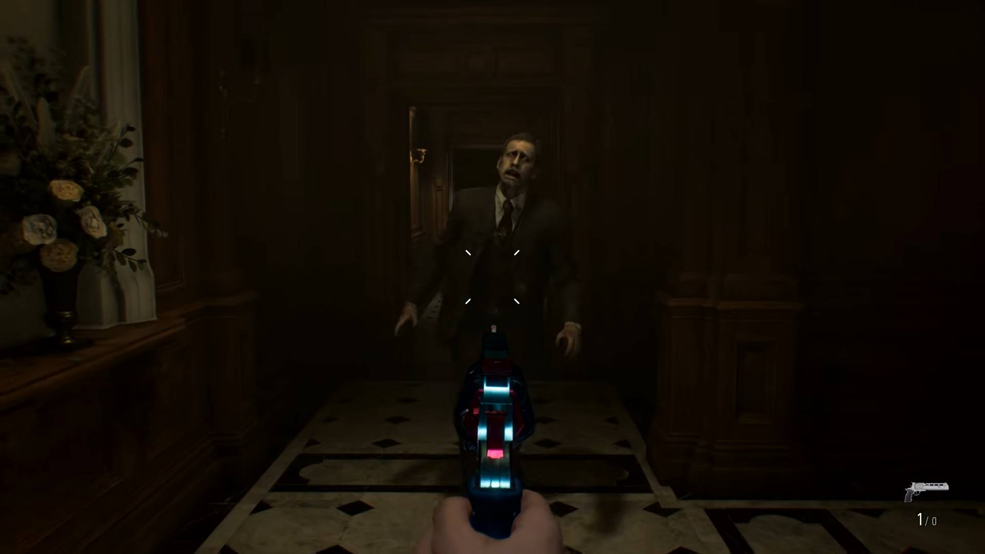 Screenshot from Resident Evil Requiem showing an amiibo gun skin being pointed at an enemy.