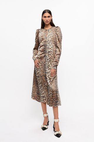 Leopard Print Satin Ruched Midi Dress