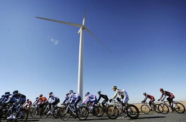 The windmills were generating a lot of power on a blustery day in France.