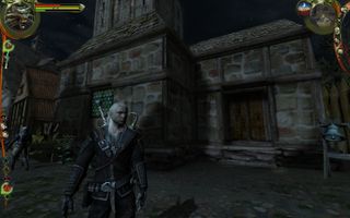 Best Witcher 1 mods - In the Deception mod, Geralt stands on a darkened village street