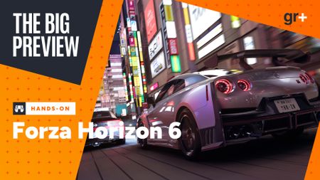 Forza Horizon 6 image showing two cars racing through Tokyo at night