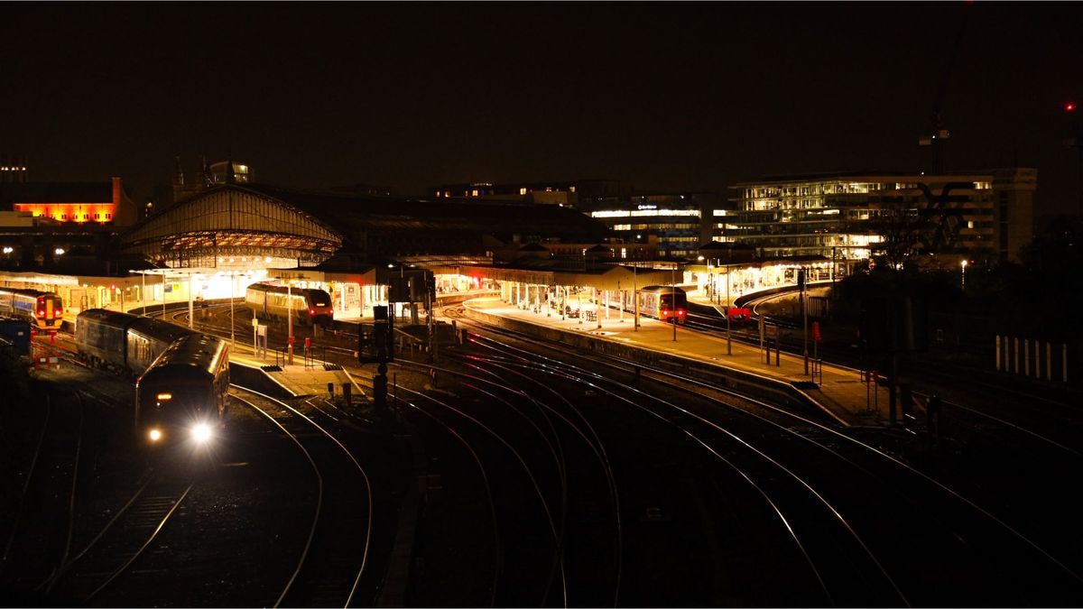 A night time view of a train station