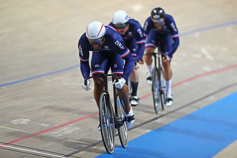 Gregory Bauge, Sebastien Vigier and Quentin Lafargue of France compete in the Men's team sprint qualifying on day one of the UCI Track Cycling World Championships