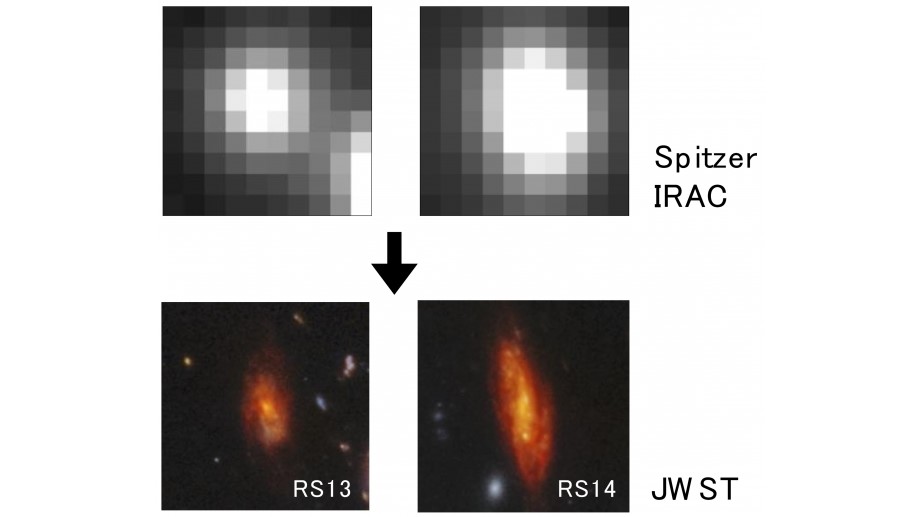 A comparison of two of the rare red spiral galaxies as observed by the James Webb Space Telescope (bottom) and previously by the Spitzer Space Telescope (top).