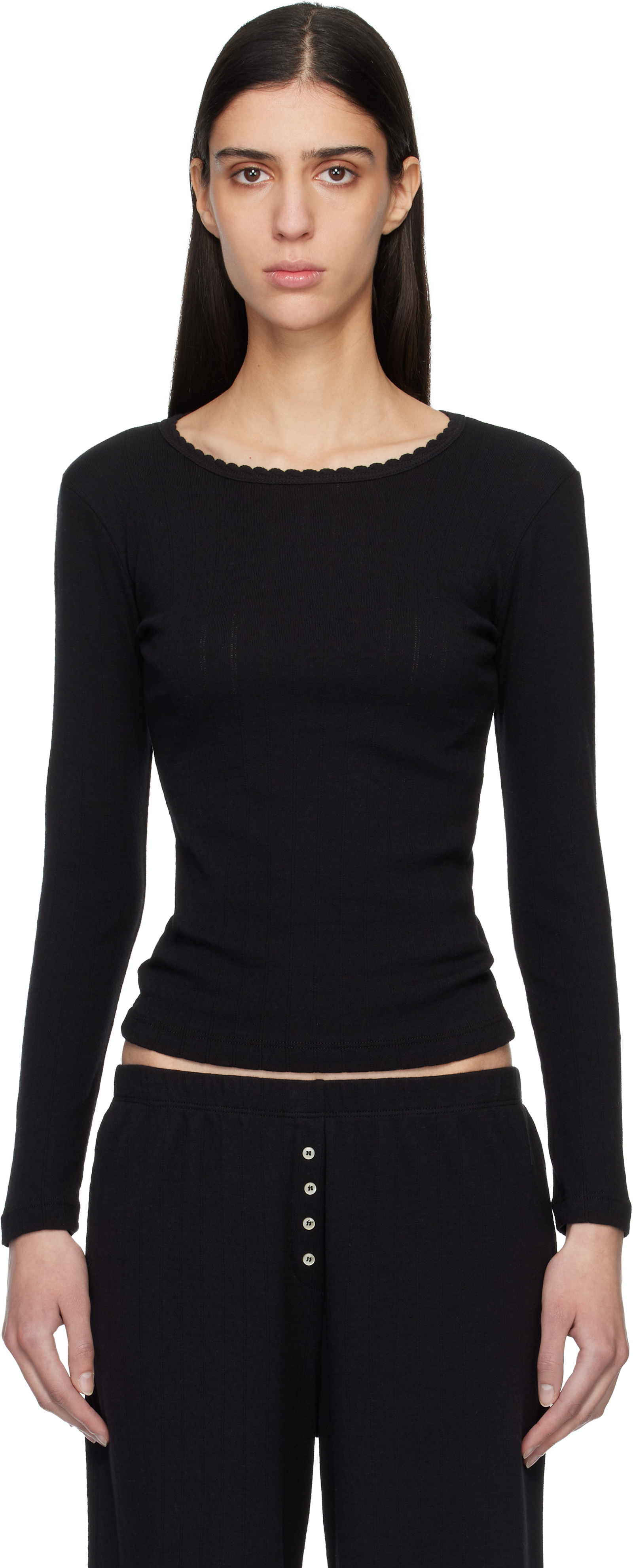 Black Pointelle Slim Fit Long Sleeve T-Shirt