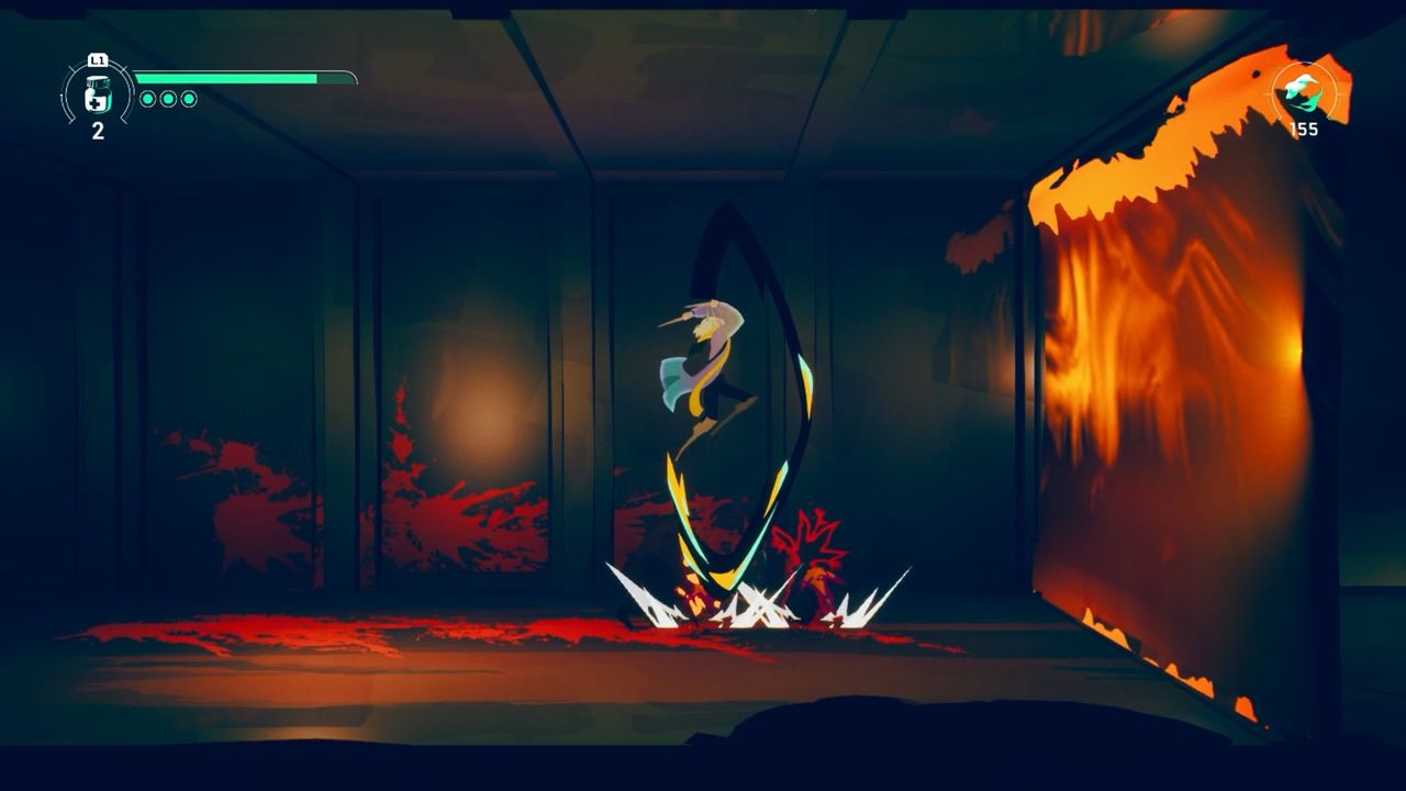 Possessor(s) gameplay showing uppercut attack against bleeding enemy in sparse office interior