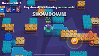 A level in Brawl Stars showing breakable platforms and an instruction to stay clear of the poison clouds