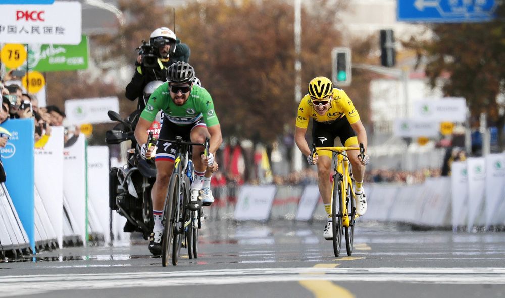 Peter Sagan (Bora-Hansgrohe) kicks clear in the Shanghai Criterium