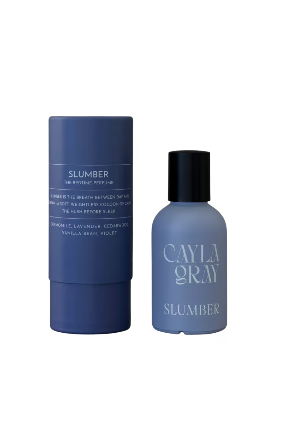 A bottle of Cayla Gray Slumber fragrance.