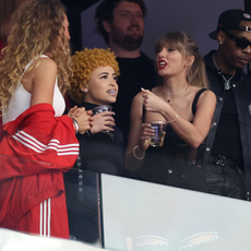 Rapper Ice Spice, singer Taylor Swift and actress Blake Lively react before Super Bowl LVIII between the San Francisco 49ers and Kansas City Chiefs at Allegiant Stadium on February 11, 2024 in Las Vegas, Nevada