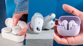 a composite image of left to right: denon perl pro, skullcandy x bose method 360 anc, and jlab go pop anc earbuds