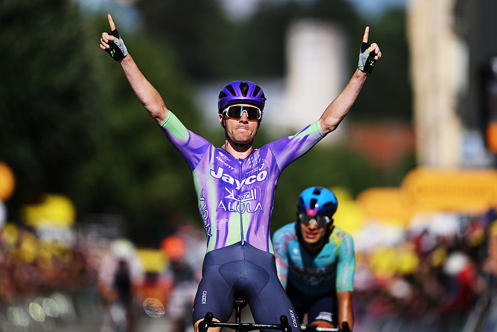 BELFORT, FRANCE - JULY 17: Mauro Schmid of Switzerland and Team Jayco AlUla celebrates at finish line as stage winner during the 113th Tour de France 2026, Stage 13 a 205.8km stage from Dole to Belfort / #UCIWT / on July 17, 2026 in Belfort, France. (Photo by  Dario Belingheri/Getty Images)
