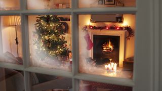 christmas living room through window