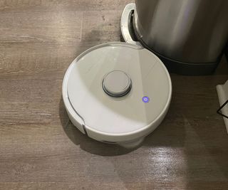 Testing the mopping function on the Narwal T10 4-in-1. At the bottom of the image you can see the floor is wet and clean. At the top is a small stain where the robot is yet to clean.