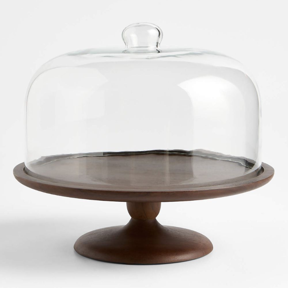 Walnut wood cake stand with glass dome