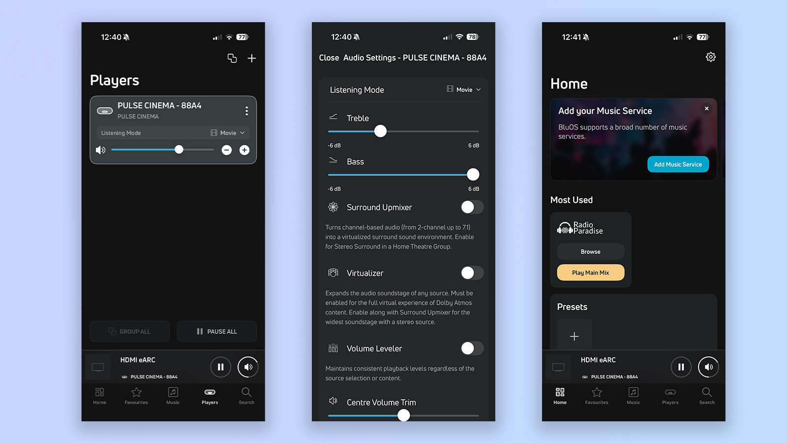 three screenshots from the bluesound OS app showing connectivity functions with the pulse cinema soundbar