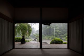 View from inside Shofuso Japanese House looking out to the decking and greenery