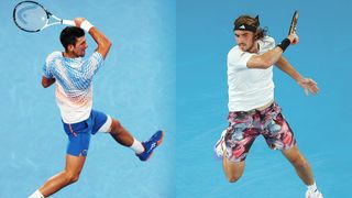 Composite image of Novak Djokovic and Stefanos Tsitsipas on court ahead of the Australian Open 2023 men's final clash – Djokovic vs Tsitsipas.