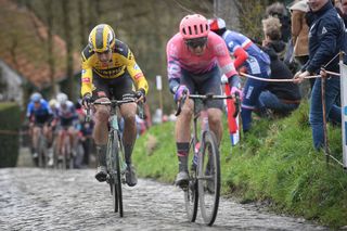 Belgian Wout Van Aert of Team JumboVisma and Belgian Sep Vanmarcke of EF Education First Pro Cycling pictured in action during the mens elite race of the 75th edition of the oneday cycling race Omloop Het Nieuwsblad 200km from Merelbeke to Ninove Saturday 29 February 2020 BELGA PHOTO DAVID STOCKMAN Photo by DAVID STOCKMANBELGA MAGAFP via Getty Images