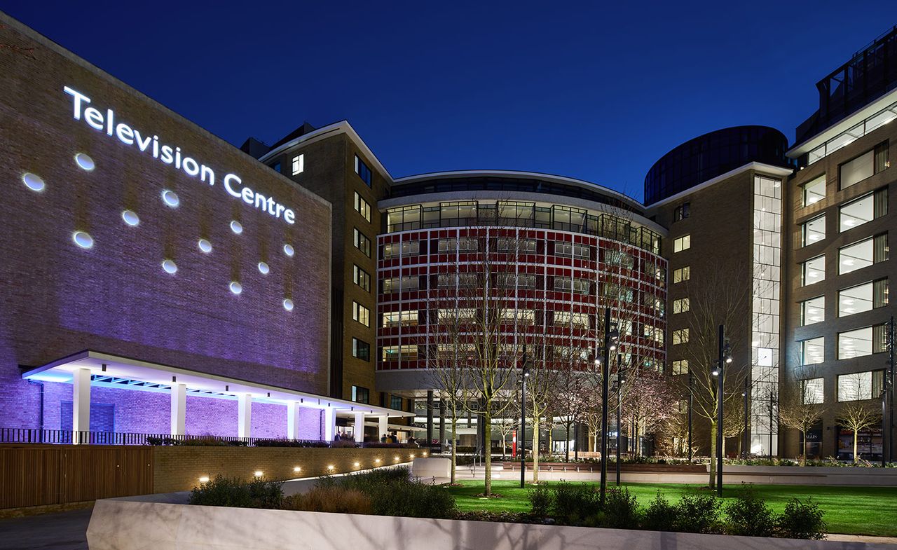 Outside view of Television Centre at night