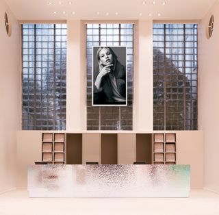 A textured metal counter sits below three glass-brick windows and a portrait of Gina Tricot