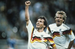 Lothar Matthaus celebrates after scoring for West Germany against Yugoslavia at the 1990 World Cup.