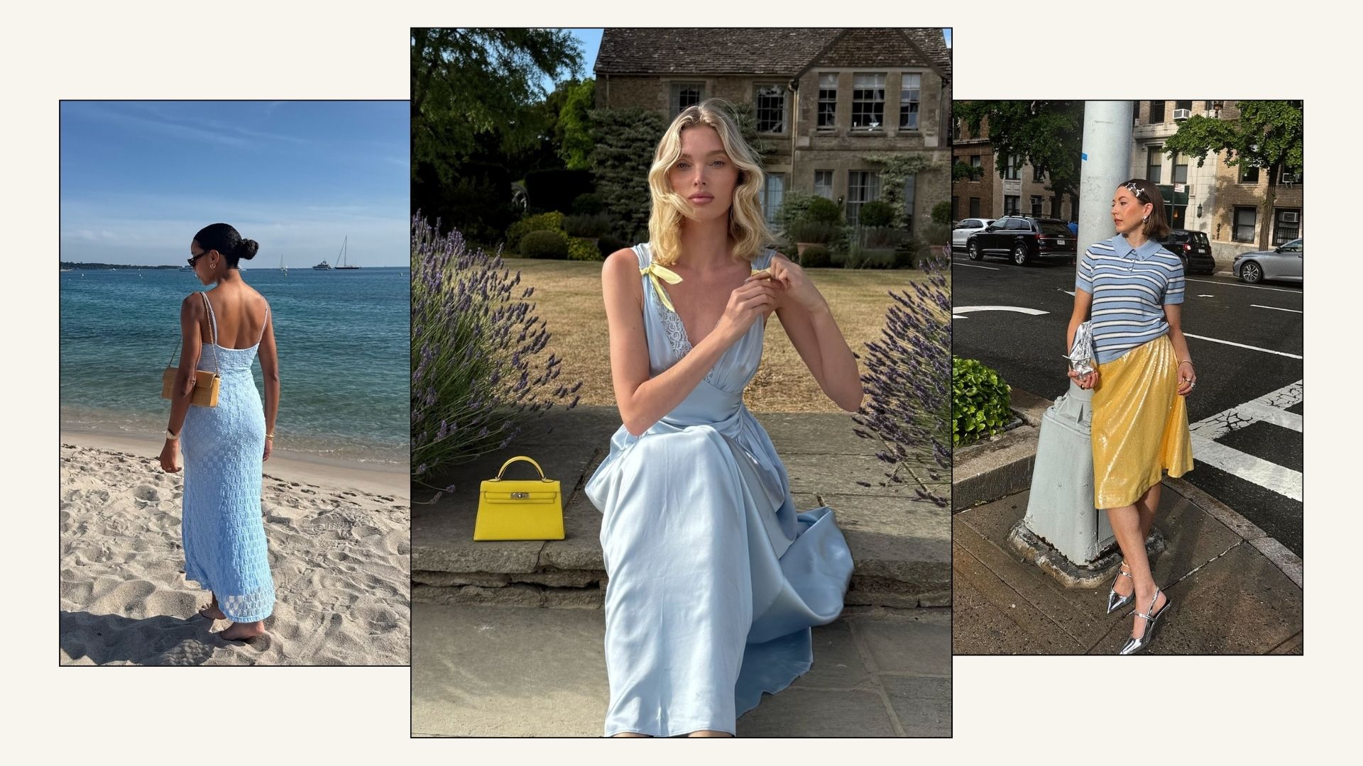 Influencers and Elsa Hosk wear blue dresses and knits with yellow bags and skirts.
