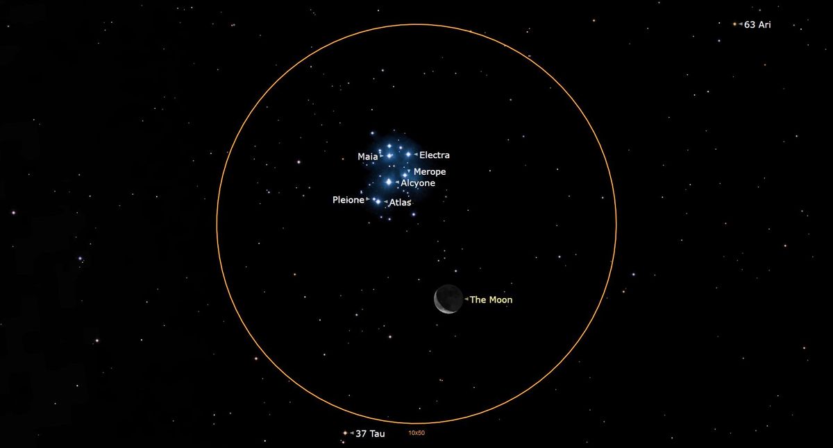 Jowisz świeci blisko Księżyca z Plejadami 14 lipca
