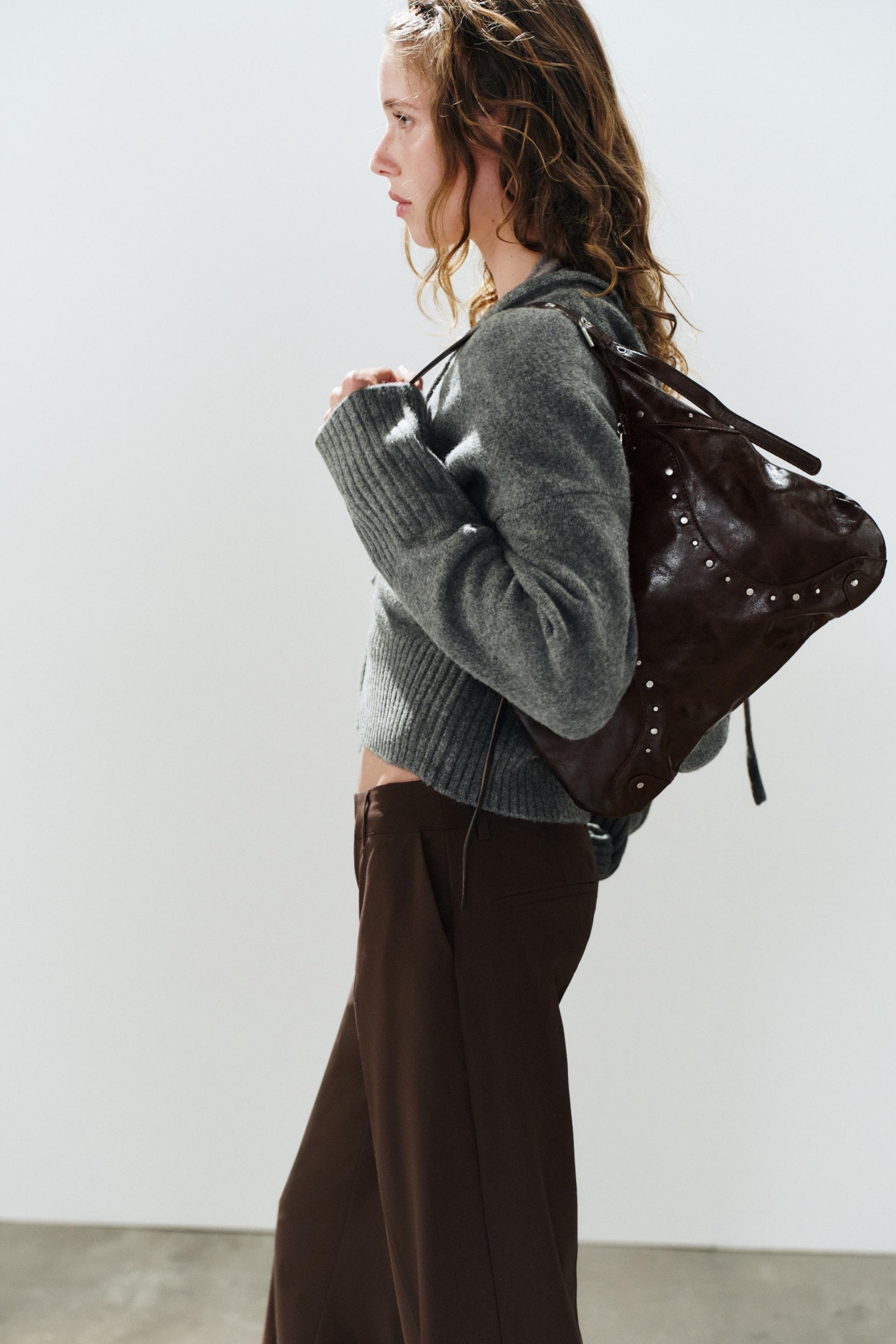 Studded Shoulder Bag - Chocolate - One Size Only