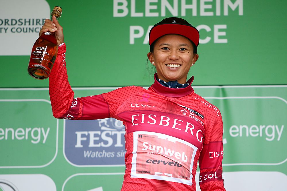 Coryn Rivera (Sunweb) wears the red sprint jersey