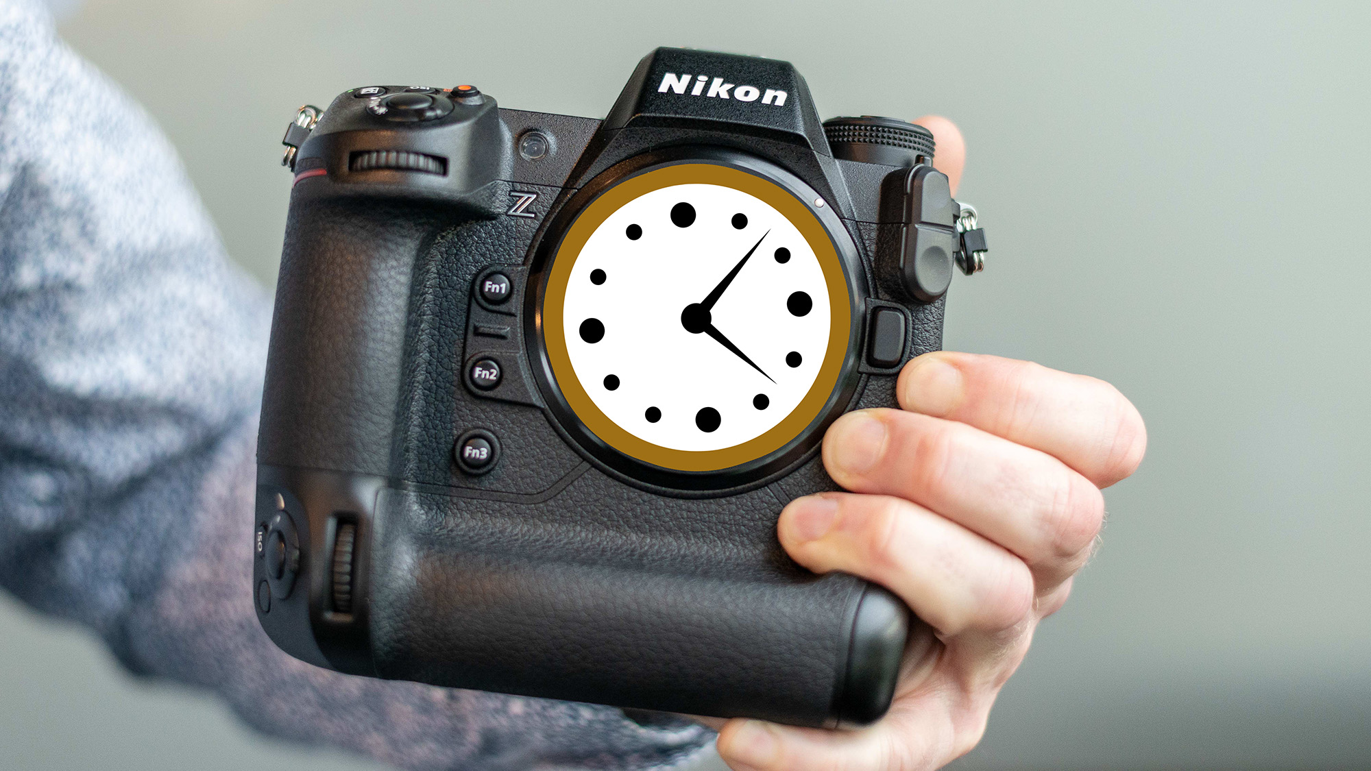 Nikon Z9 with clock face drawing over the lens mount 