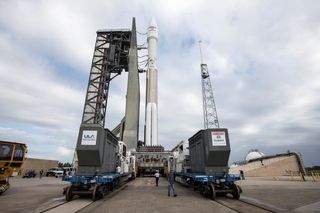 The United Launch Alliance Atlas V rocket carrying the EchoStar 19 satellite is rolled out to the launchpad at Florida's Cape Canaveral Air Force Station ahead of its Dec. 18, 2016 launch into orbit. 