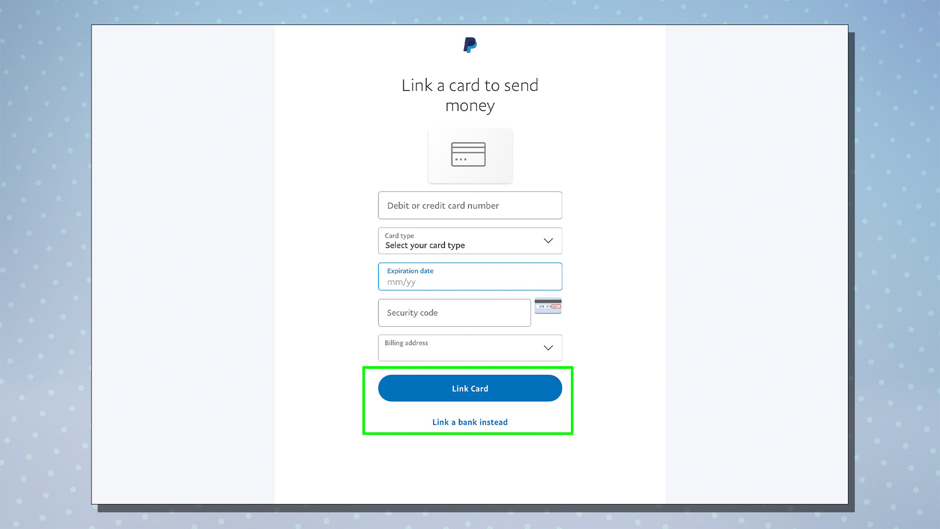 Скриншот, показывающий процесс настройки PayPal.  На этом экране показано, как добавить карту