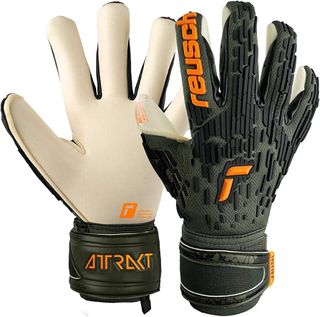 Reusch Attrakt Freegel Gold X goalkeeper gloves. They are a dark green with black and orange accents and with a white palm - the area where goalkeepers will make the majority of their saves.