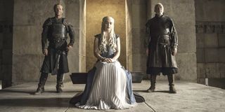 Game of Thrones Meereen Dany on throne with Ser Jorah Ser Barristan HBO